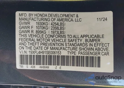 2025 Honda Civic Hybrid Sport Touring z USA, uszkodzony, nr VIN 19XFL4H91SE006153